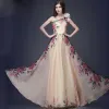 Chic / Beautiful Beige Chiffon Maxi Dresses 2018 A-Line / Princess Artificial Flowers One-Shoulder Sleeveless Printing Flower Floor-Length / Long Ruffle Backless Womens Clothing