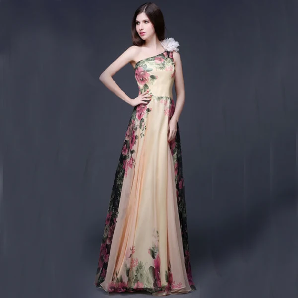 Chic / Beautiful Beige Chiffon Maxi Dresses 2018 A-Line / Princess Artificial Flowers One-Shoulder Sleeveless Printing Flower Floor-Length / Long Ruffle Backless Womens Clothing