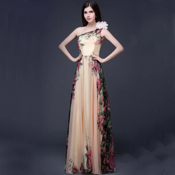 Chic / Beautiful Beige Chiffon Maxi Dresses 2018 A-Line / Princess Artificial Flowers One-Shoulder Sleeveless Printing Flower Floor-Length / Long Ruffle Backless Womens Clothing