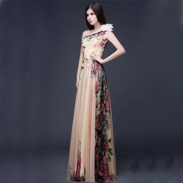 Chic / Beautiful Beige Chiffon Maxi Dresses 2018 A-Line / Princess Artificial Flowers One-Shoulder Sleeveless Printing Flower Floor-Length / Long Ruffle Backless Womens Clothing
