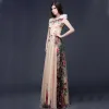 Chic / Beautiful Beige Chiffon Maxi Dresses 2018 A-Line / Princess Artificial Flowers One-Shoulder Sleeveless Printing Flower Floor-Length / Long Ruffle Backless Womens Clothing