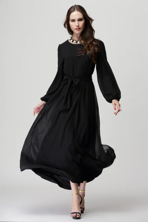 Simple Chiffon Robes longues 2018 Encolure Dégagée Manches Longues Longueur Cheville Vêtements Femme