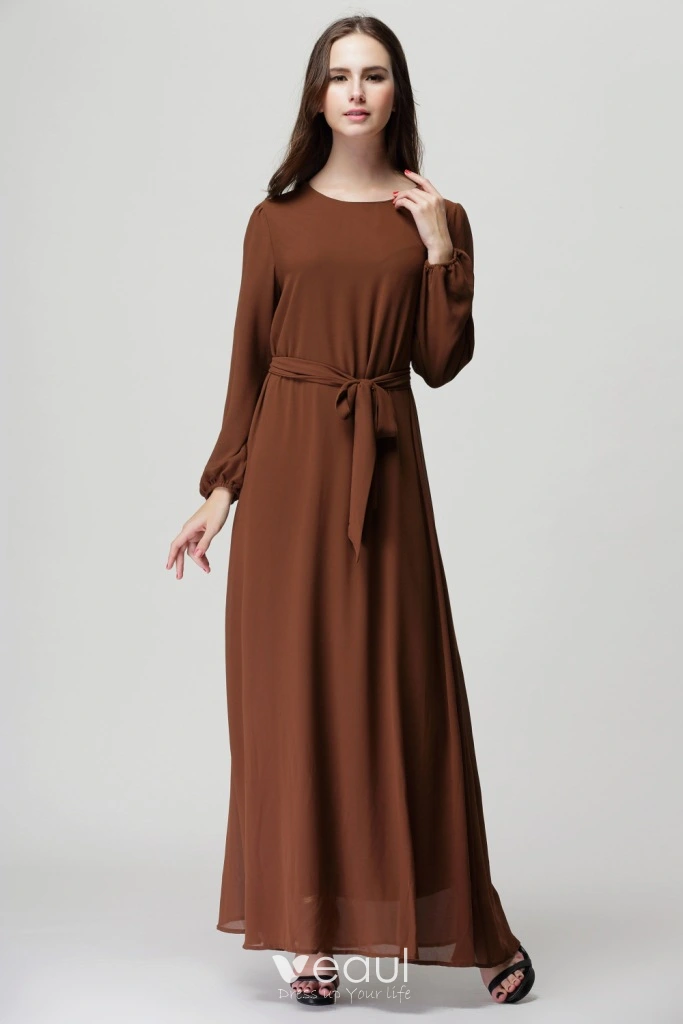 Modest Simple Chiffon Maxi Dresses 2018 Scoop Neck Long Sleeve Ankle Length  Womens Clothing