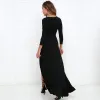 Sexy Noire Robes longues 2018 V-Cou Manches Longues Fendue devant Longueur Cheville Vêtements Femme
