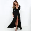 Sexy Noire Robes longues 2018 V-Cou Manches Longues Fendue devant Longueur Cheville Vêtements Femme