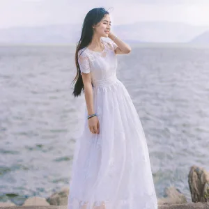 Élégant Ivoire Été Plage Robes Longues 2018 Princesse Encolure Dégagée Manches Courtes Appliques Percé En Dentelle Longueur Cheville Volants Vêtements Femme