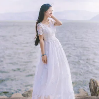Elegant Ivory Summer Beach Maxi Dresses 2018 A Line Princess Scoop Neck Short Sleeve Appliques Pierced Lace Ankle Length Ruffle Womens Clothing