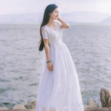 Elegant Ivory Summer Beach Maxi Dresses 2018 A Line Princess Scoop Neck Short Sleeve Appliques Pierced Lace Ankle Length Ruffle Womens Clothing