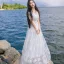 Élégant Ivoire Été Plage Robes longues 2018 Princesse Encolure Dégagée Manches Courtes Appliques Percé En Dentelle Longueur Cheville Volants Vêtements Femme