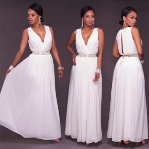 Sexy Hvit Chiffon Maxikjoler 2018 Empire V Hals Uten Ermer Rhinestone Sash Lange Buste Dameklær