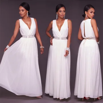 Sexy Witte Chiffon Maxi Jurken 2018 Imperium V Hals Mouwloos Rhinestone Gordel Lange Ruche Dameskleding