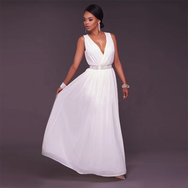 Sexy White Chiffon Maxi Dresses 2018 Empire V Neck Sleeveless Rhinestone  Sash Floor Length Long Ruffle Womens Clothing