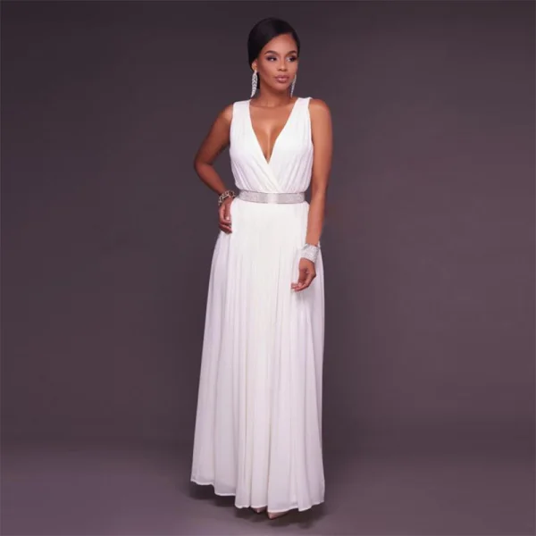 Sexy White Chiffon Maxi Dresses 2018 Empire V-Neck Sleeveless Rhinestone Sash Floor-Length / Long Ruffle Womens Clothing