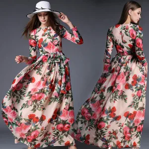 Modern Fashion Pearl Pink Chiffon Summer Maxi Dresses 2018 Square Neckline Long Sleeve Sash Printing Flower Ankle Length Ruffle Womens Clothing