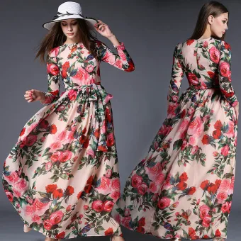 Modern Fashion Pearl Pink Chiffon Summer Maxi Dresses 2018 Square Neckline Long Sleeve Sash Printing Flower Ankle Length Ruffle Womens Clothing