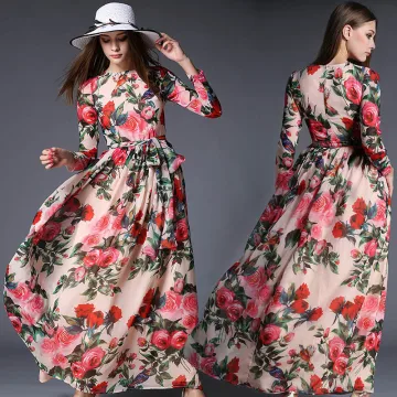 Mode Pärla Rosa Chiffong Sommar Maxiklänningar 2018 Fyrkantig Ringning Långärmad Skärp Utskrift Blomma Ankellång Ruffle Damkläder