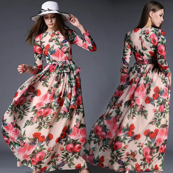 Moderne / Mode Perle Rose Chiffon Été Robes longues 2018 Encolure Carrée Manches Longues Ceinture Impression Fleur Longueur Cheville Volants Vêtements Femme