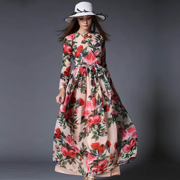 Modern / Fashion Pearl Pink Chiffon Summer Maxi Dresses 2018 Square Neckline Long Sleeve Sash Printing Flower Ankle Length Ruffle Womens Clothing