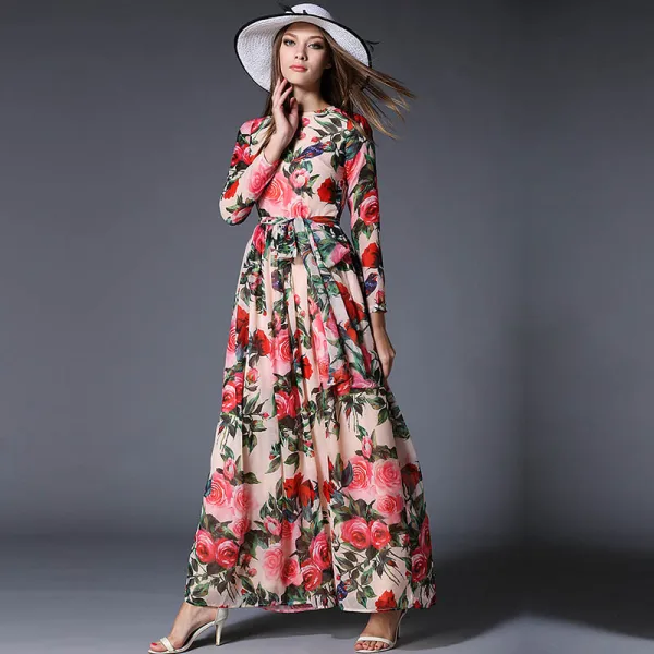 Modern / Fashion Pearl Pink Chiffon Summer Maxi Dresses 2018 Square Neckline Long Sleeve Sash Printing Flower Ankle Length Ruffle Womens Clothing