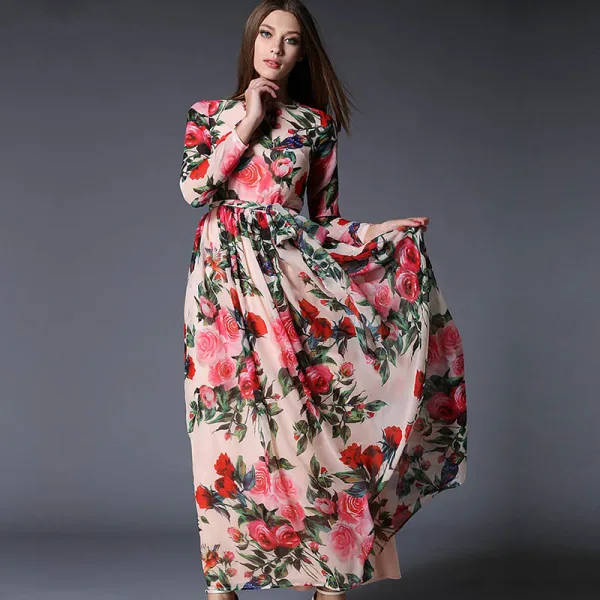 Modern / Fashion Pearl Pink Chiffon Summer Maxi Dresses 2018 Square Neckline Long Sleeve Sash Printing Flower Ankle Length Ruffle Womens Clothing