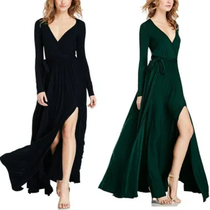 Sexy Black Maxi Dresses 2018 V Neck Long Sleeve Sash Split Front Floor Length Long Ruffle Womens Clothing
