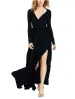 Sexy Black Maxi Dresses 2018 V-Neck Long Sleeve Sash Split Front Floor-Length / Long Ruffle Womens Clothing