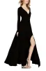 Sexy Black Maxi Dresses 2018 V-Neck Long Sleeve Sash Split Front Floor-Length / Long Ruffle Womens Clothing