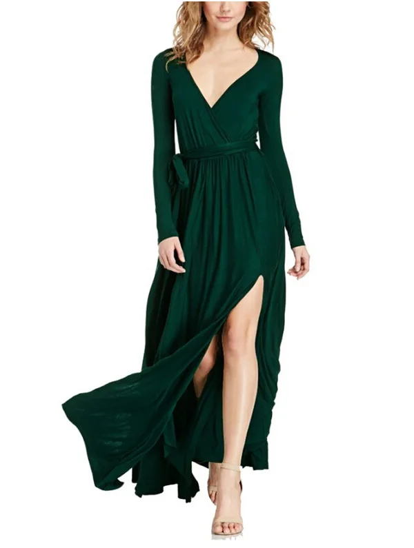 Sexy Black Maxi Dresses 2018 V-Neck Long Sleeve Sash Split Front Floor-Length / Long Ruffle Womens Clothing
