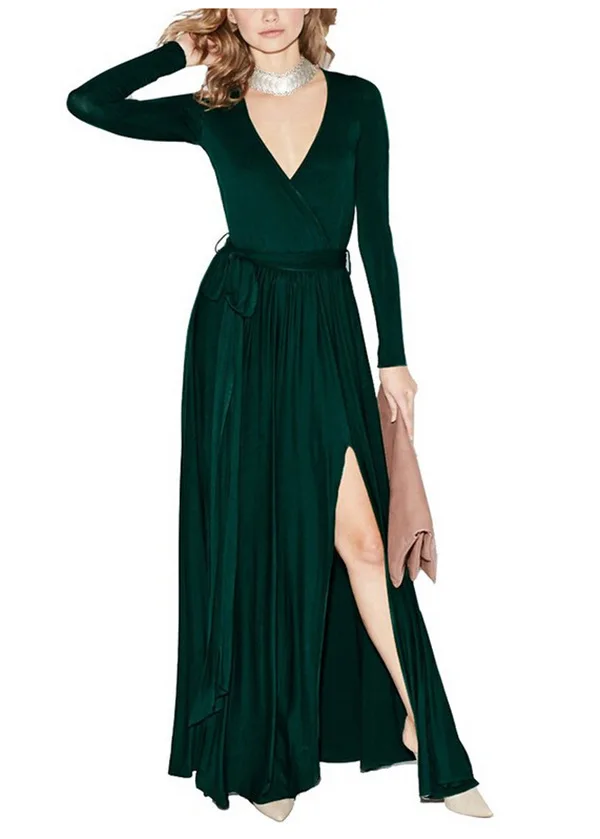 Sexy Black Maxi Dresses 2018 V-Neck Long Sleeve Sash Split Front Floor-Length / Long Ruffle Womens Clothing