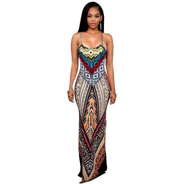 Bohemia Yellow Summer Maxi Dresses 2018 Spaghetti Straps Sleeveless Printing Flower Ankle Length Backless Womens Clothing