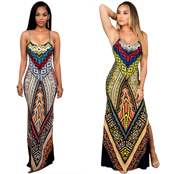 Bohemia Yellow Summer Maxi Dresses 2018 Spaghetti Straps Sleeveless Printing Flower Ankle Length Backless Womens Clothing