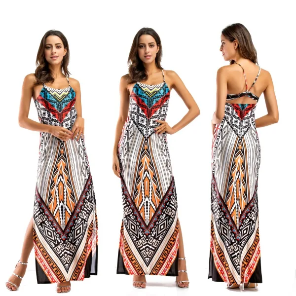Bohemia Yellow Summer Maxi Dresses 2018 Spaghetti Straps Sleeveless Printing Flower Ankle Length Backless Womens Clothing