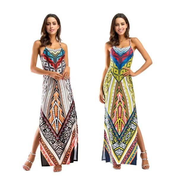 Bohemia Yellow Summer Maxi Dresses 2018 Spaghetti Straps Sleeveless Printing Flower Ankle Length Backless Womens Clothing