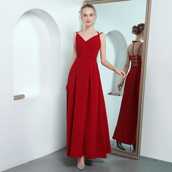 Modern / Fashion Red Evening Dresses  2018 A-Line / Princess Spaghetti Straps Sleeveless Ankle Length Ruffle Backless Formal Dresses