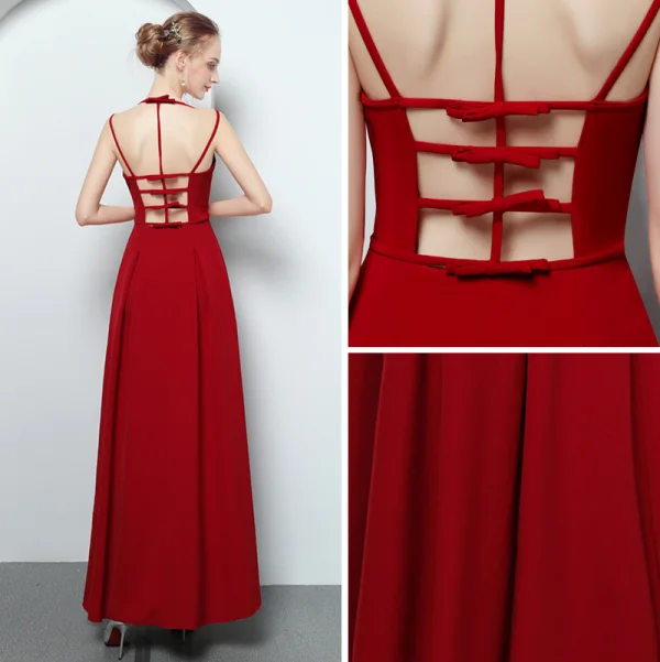 Modern / Fashion Red Evening Dresses  2018 A-Line / Princess Spaghetti Straps Sleeveless Ankle Length Ruffle Backless Formal Dresses