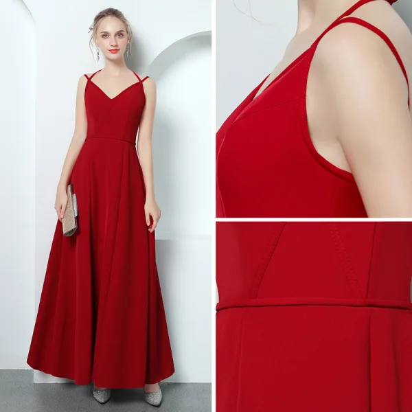 Modern / Fashion Red Evening Dresses  2018 A-Line / Princess Spaghetti Straps Sleeveless Ankle Length Ruffle Backless Formal Dresses