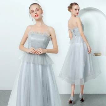 Elegant Grey Prom Dresses 2018 A Line Princess Spaghetti Straps Sleeveless Glitter Tulle Tea Length Ruffle Backless Formal Dresses