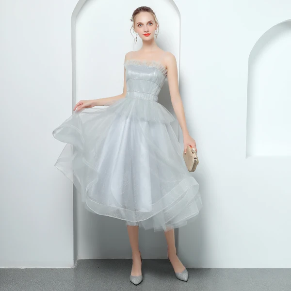 Elegant Grey Prom Dresses 2018 A-Line / Princess Spaghetti Straps Sleeveless Glitter Tulle Tea-length Ruffle Backless Formal Dresses