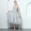 Elegant Grey Prom Dresses 2018 A-Line / Princess Spaghetti Straps Sleeveless Glitter Tulle Tea-length Ruffle Backless Formal Dresses