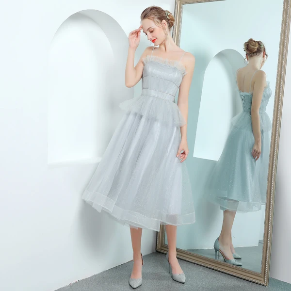Elegant Grey Prom Dresses 2018 A-Line / Princess Spaghetti Straps Sleeveless Glitter Tulle Tea-length Ruffle Backless Formal Dresses