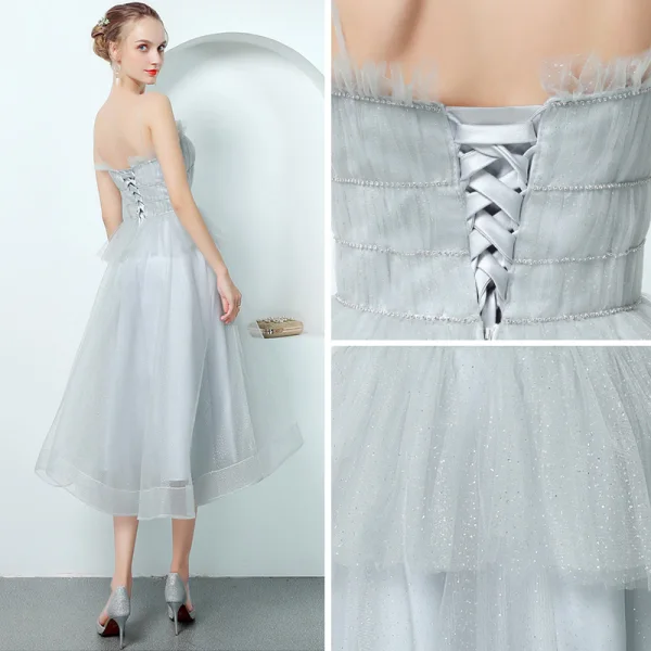 Elegant Grey Prom Dresses 2018 A-Line / Princess Spaghetti Straps Sleeveless Glitter Tulle Tea-length Ruffle Backless Formal Dresses