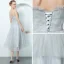 Elegant Grey Prom Dresses 2018 A-Line / Princess Spaghetti Straps Sleeveless Glitter Tulle Tea-length Ruffle Backless Formal Dresses