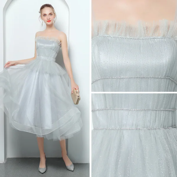 Elegant Grey Prom Dresses 2018 A-Line / Princess Spaghetti Straps Sleeveless Glitter Tulle Tea-length Ruffle Backless Formal Dresses