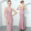 Sexy Candy Pink Evening Dresses  2018 Trumpet / Mermaid Spaghetti Straps Sleeveless Beading Sash Ankle Length Ruffle Backless Formal Dresses