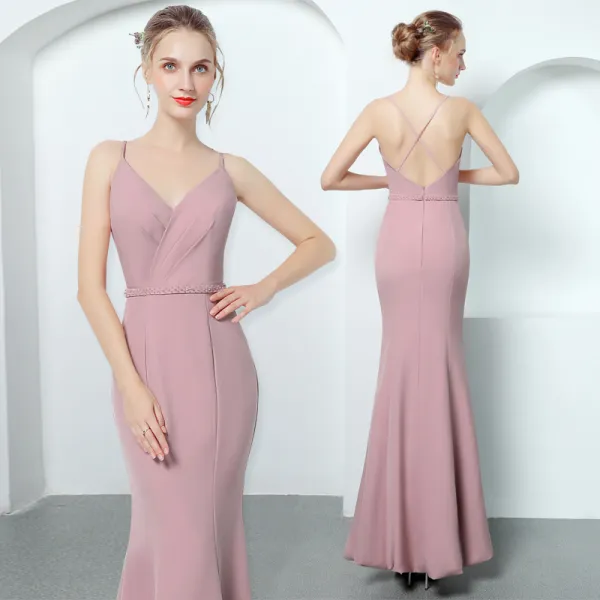 Sexy Candy Pink Evening Dresses  2018 Trumpet / Mermaid Spaghetti Straps Sleeveless Beading Sash Ankle Length Ruffle Backless Formal Dresses
