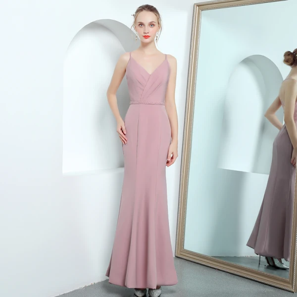 Sexy Rose Bonbon Robe De Soirée 2018 Trompette / Sirène Bretelles Spaghetti Sans Manches Perlage Ceinture Longueur Cheville Volants Dos Nu Robe De Ceremonie