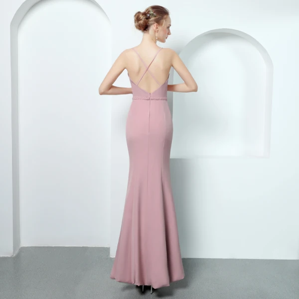 Sexy Rose Bonbon Robe De Soirée 2018 Trompette / Sirène Bretelles Spaghetti Sans Manches Perlage Ceinture Longueur Cheville Volants Dos Nu Robe De Ceremonie