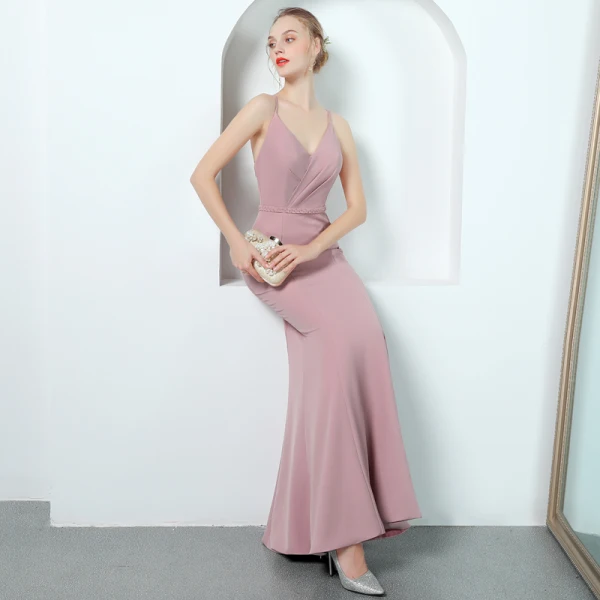 Sexy Rose Bonbon Robe De Soirée 2018 Trompette / Sirène Bretelles Spaghetti Sans Manches Perlage Ceinture Longueur Cheville Volants Dos Nu Robe De Ceremonie