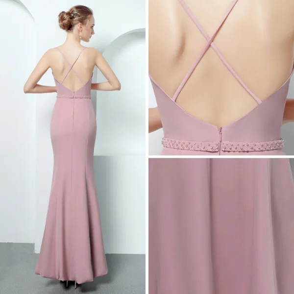 Sexy Rose Bonbon Robe De Soirée 2018 Trompette / Sirène Bretelles Spaghetti Sans Manches Perlage Ceinture Longueur Cheville Volants Dos Nu Robe De Ceremonie