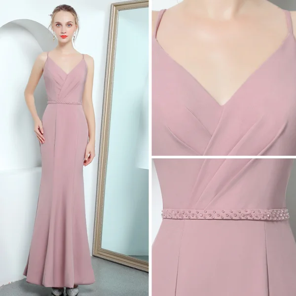 Sexy Rose Bonbon Robe De Soirée 2018 Trompette / Sirène Bretelles Spaghetti Sans Manches Perlage Ceinture Longueur Cheville Volants Dos Nu Robe De Ceremonie